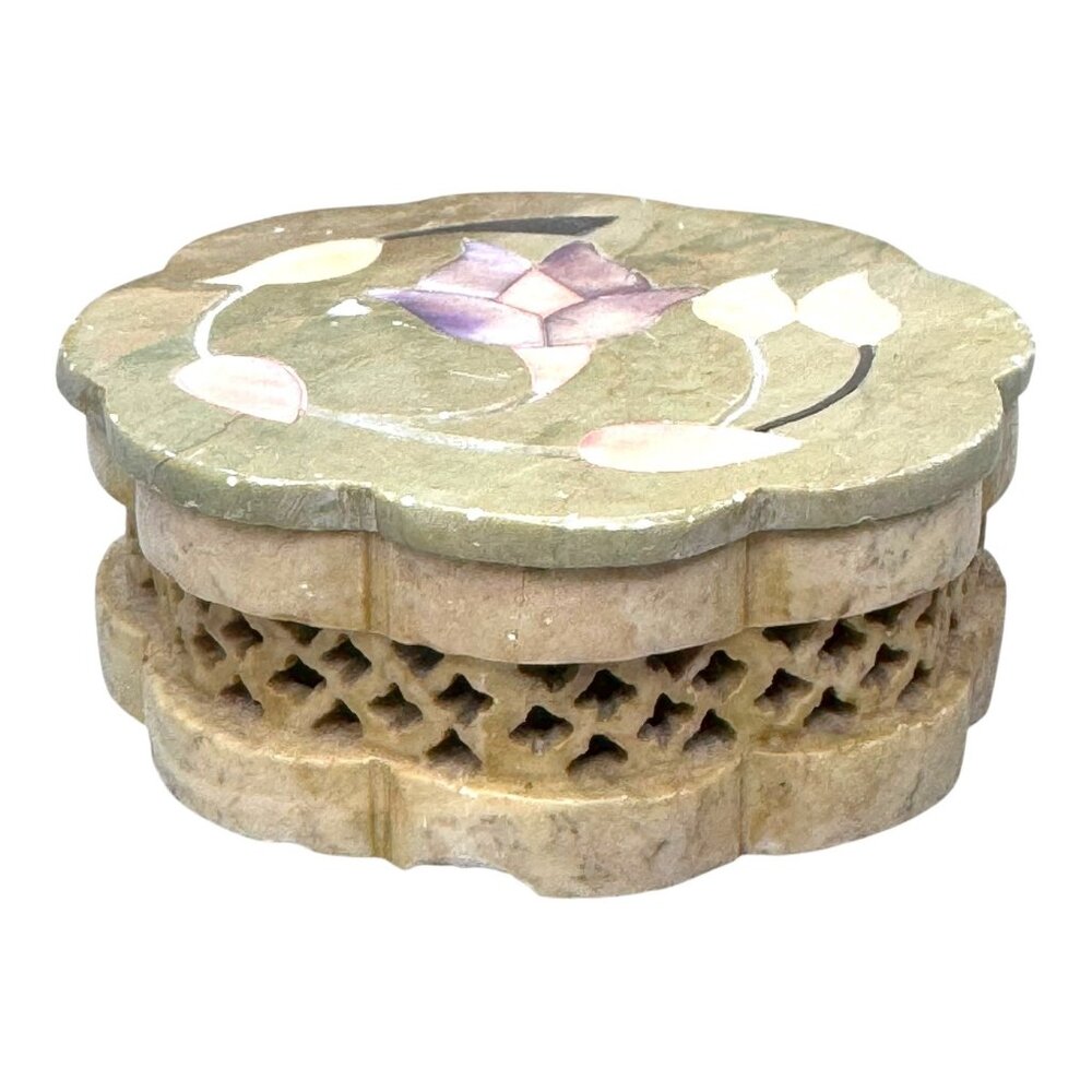 Vintage Soapstone Jewelry Trinket Ring Box Reticulated 3" Inlay Floral Pattern
